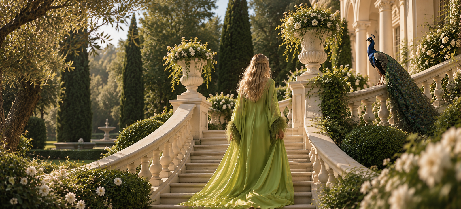 A woman wearing a flowing sage silk dress in a sunlit garden